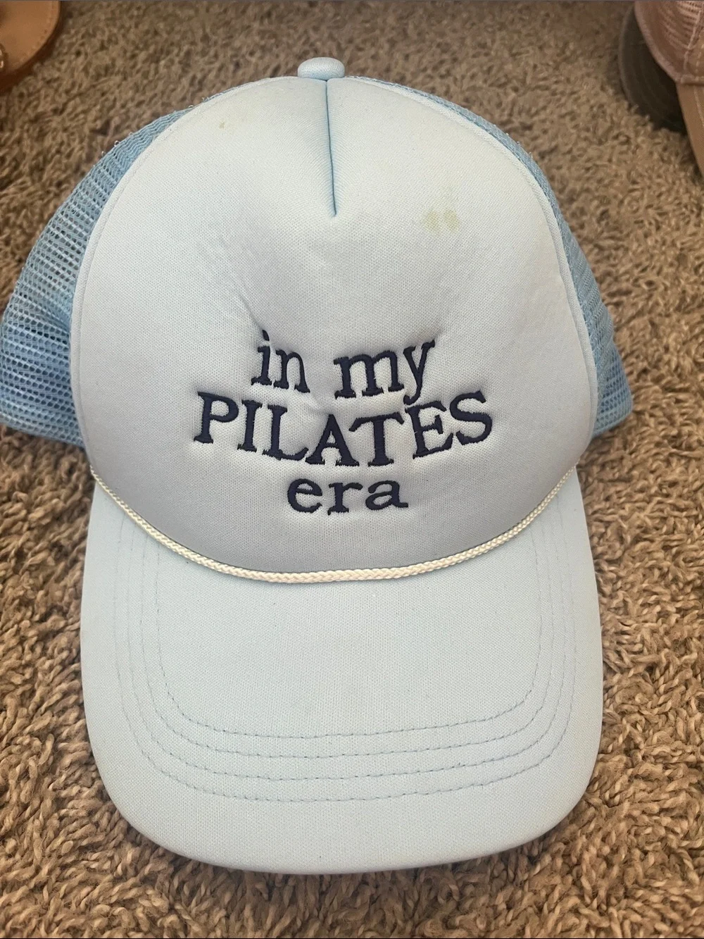 Light Blue Womens Mesh Trucker Hat with 'in my PILATES era' Embroidery